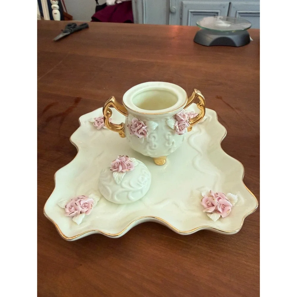 Vintage Porcelain Tea Set Pink 3D Roses Gold Trim Teapot Creamer Sugar Tray